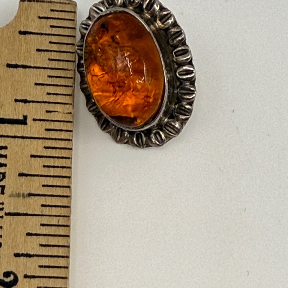 Sterling Silver Amber Oval Stud Earrings - Deep Orange - Picture 6 of 13